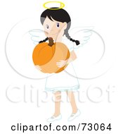 Poster, Art Print Of Little Girl In An Angel Costume Smiling And Carrying A Pumpkin