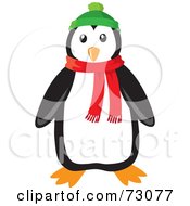 Poster, Art Print Of Cute Black And White Penguin Wearing A Green Hat And Red Winter Scarf