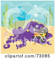 Poster, Art Print Of Purple Octopus Curiously Inspecting A Treasure Near A Sunken Ship