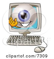 Eyeball Mascot Cartoon Character Waving From Inside A Computer Screen