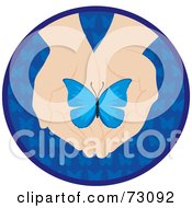 Poster, Art Print Of Pair Of Nurturing Hands Holding A Small Butterfly In A Blue Circle