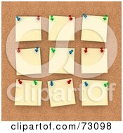 Royalty Free RF Clipart Illustration Of A Cork Board With Pinned Yellow Memo Notes