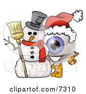 Poster, Art Print Of Eyeball Mascot Cartoon Character With A Snowman On Christmas