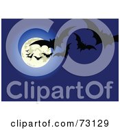Royalty Free RF Clipart Illustration Of Fluttering Vampire Bats Silhouetted Against A Blue Full Moon Night Sky by Pushkin