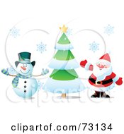 Poster, Art Print Of Frosty The Snowman And Santa Claus Waving By A Christmas Tree