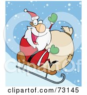 Poster, Art Print Of Jolly Christmas Santa Waving And Sledding With His Toy Sack In The Snow