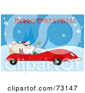 Poster, Art Print Of Merry Christmas Greeting With Santa Driving His Red Sports Car In The Snow