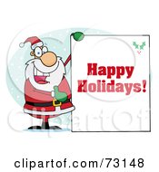 Poster, Art Print Of Jolly Christmas Santa Holding Up A Happy Holidays Greeting Sign In The Snow