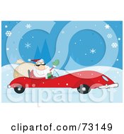 Poster, Art Print Of Jolly Christmas Santa Waving And Driving His Convertible Red Sports Car In The Snow