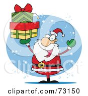 Royalty Free RF Clipart Illustration Of A Jolly Christmas Santa Holding Up A Stack Of Presents In The Snow