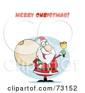 Poster, Art Print Of Merry Christmas Greeting With Santa Ringing A Bell And Carrying A Sack