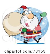 Poster, Art Print Of Jolly Christmas Santa Waving And Carrying His Toy Sack In The Snow