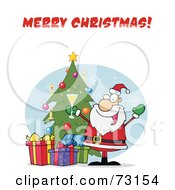Poster, Art Print Of Merry Christmas Greeting With Santa Drinking Bubbly By A Christmas Tree