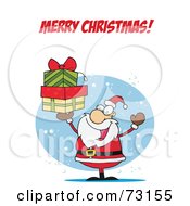 Poster, Art Print Of Merry Christmas Greeting With Santa Holding Up A Stack Of Presents In The Snow