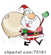 Poster, Art Print Of Jolly Christmas Santa Waving And Walking With His Toy Sack