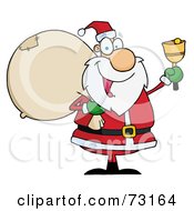 Poster, Art Print Of Jolly Christmas Santa Waving A Bell And Carrying His Toy Sack