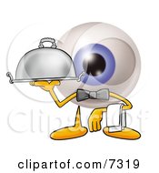 Eyeball Mascot Cartoon Character Dressed As A Waiter And Holding A Serving Platter
