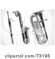 Digital Collage Of A Black And White Clarinet Saxophone And Tuba