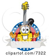Clipart Picture Of A Guitar Mascot Cartoon Character Logo With Stars And A Blank Label