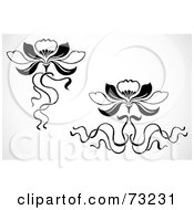 Royalty Free RF Clipart Illustration Of A Digital Collage Of Two Black And White Blooming Flowers With Ribbons by BestVector