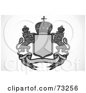 Royalty Free RF Clipart Illustration Of A Black And White Heraldic Lion Crest With A Shield Crown And Banner Version 1 by BestVector