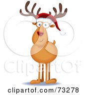 Poster, Art Print Of Friendly Rudolph Reindeer Facing Front And Wearing A Santa Hat
