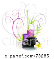 Royalty Free RF Clipart Illustration Of Black Shiny Spa Stones With Frangipani Flowers Bamboo Candles And Spirals Over White by Oligo #COLLC73285-0124