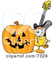 Guitar Mascot Cartoon Character With A Carved Halloween Pumpkin