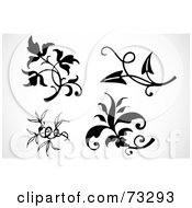 Royalty Free RF Clipart Illustration Of A Digital Collage Of Four Black And White Leaves On Branches by BestVector