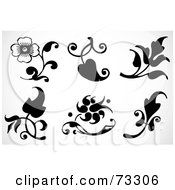 Royalty Free RF Clipart Illustration Of A Digital Collage Of Black Leaf And Flower Silhouettes by BestVector