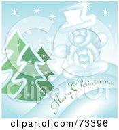 Poster, Art Print Of Snowy Evergreen And Snowman Merry Christmas Greeting