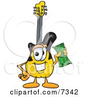 Clipart Picture Of A Guitar Mascot Cartoon Character Holding A Dollar Bill by Mascot Junction