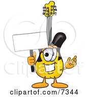 Clipart Picture Of A Guitar Mascot Cartoon Character Holding A Blank Sign