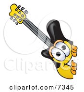 Guitar Mascot Cartoon Character Peeking Around A Corner
