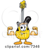 Clipart Picture Of A Guitar Mascot Cartoon Character Flexing His Arm Muscles by Mascot Junction