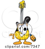 Guitar Mascot Cartoon Character Looking Through A Magnifying Glass