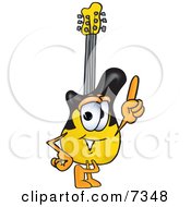 Clipart Picture Of A Guitar Mascot Cartoon Character Pointing Upwards by Mascot Junction