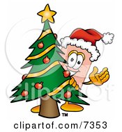 Clipart Picture Of A Bandaid Bandage Mascot Cartoon Character Waving And Standing By A Decorated Christmas Tree