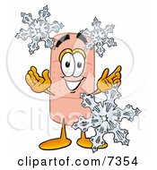 Poster, Art Print Of Bandaid Bandage Mascot Cartoon Character With Three Snowflakes In Winter