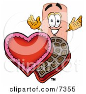 Bandaid Bandage Mascot Cartoon Character With An Open Box Of Valentines Day Chocolate Candies