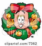 Clipart Picture Of A Bandaid Bandage Mascot Cartoon Character In The Center Of A Christmas Wreath