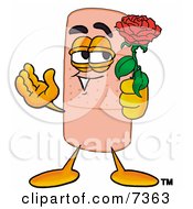 Bandaid Bandage Mascot Cartoon Character Holding A Red Rose On Valentines Day