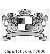 Royalty Free RF Clipart Illustration Of A Black And White Heraldic Lion Crest With A Shield Crown And Banner Version 2