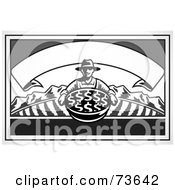 Royalty Free RF Clipart Illustration Of A Black And White Banner Over A Farmer With A Basket Of Dollar Symbols by BestVector