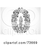 Royalty Free RF Clipart Illustration Of A Black And White Oval Shaped Floral Wreath by BestVector