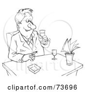 Royalty Free RF Clipart Illustration Of A Black And White Outline Of A Man Smoking And Drinking