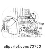 Royalty Free RF Clipart Illustration Of A Black And White Outline Of A Man Typing