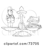 Royalty Free RF Clipart Illustration Of A Black And White Outline Of A Man And Cash Balanced On A Scale by Alex Bannykh