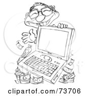 Royalty Free RF Clipart Illustration Of A Grinning Businessman Behind A Computer With Money