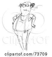 Royalty Free RF Clipart Illustration Of A Black And White Outline Of A Man Wearing Suspenders And Smoking